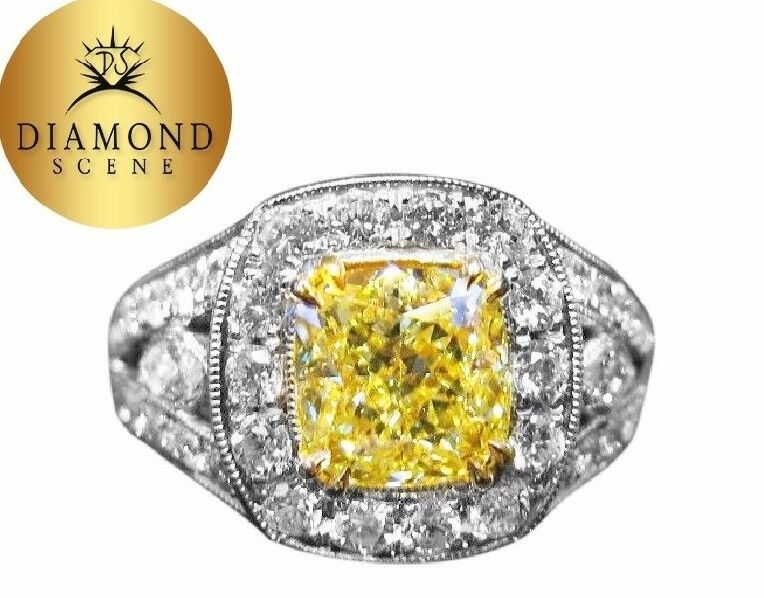 GIA CERTIFIED FANCY YELLOW DIAMOND CUSHION SHAPE DIAMOND ENGAGEMENT RING