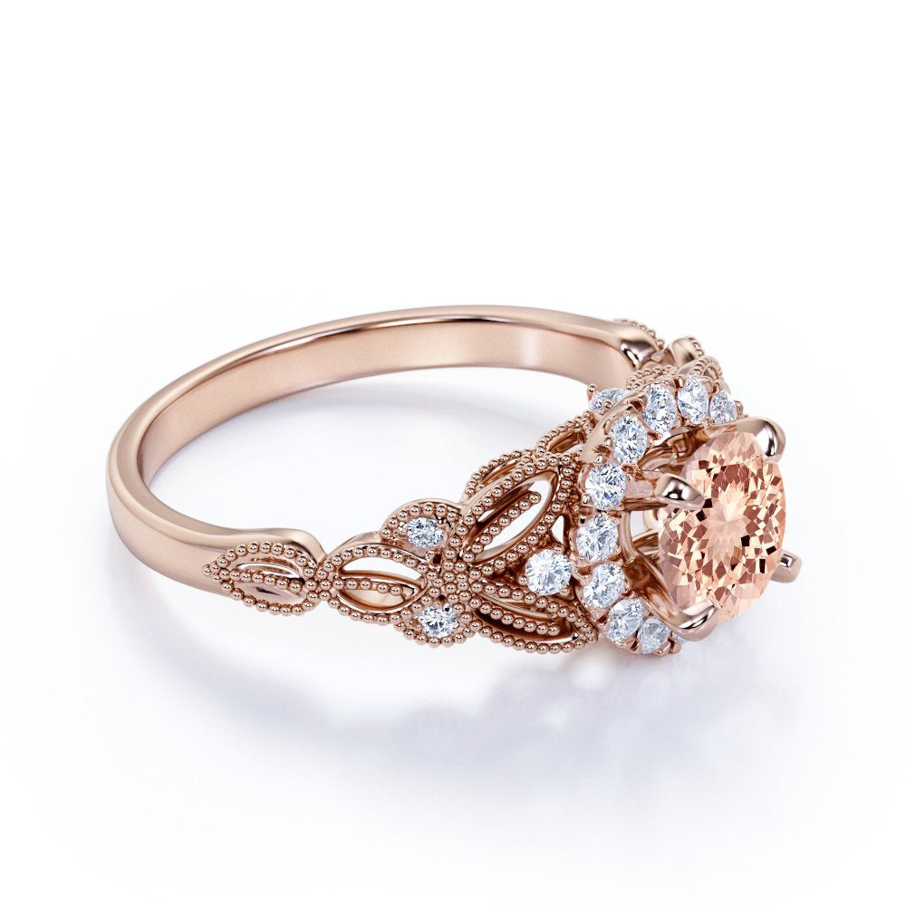 1.25 Carat Peach Pink Created Morganite (Round Shaped Created Morganite) and Dia