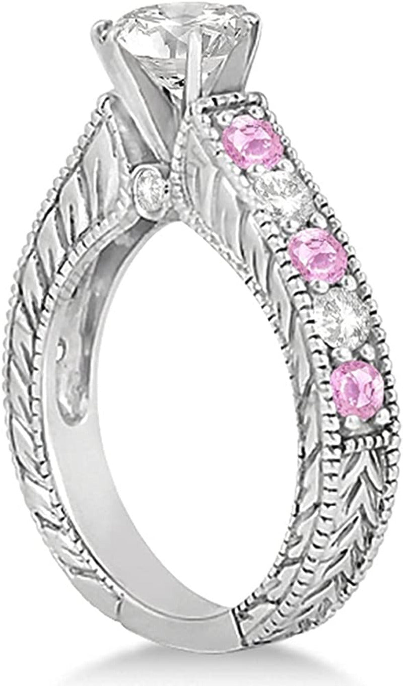Women'S Antique Diamond and Pink Sapphire Bridal Ring Set in Palladium (3.87Ct)