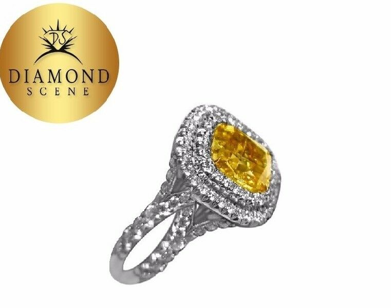 GIA FANCY VIVID YELLOW CUSHION SHAPE DIAMOND SET WHITE ROUND ENGAGEMENT RING