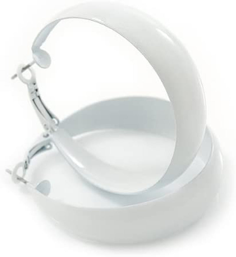 Wide Medium White Enamel Hoop Earrings - 40Mm Diameter