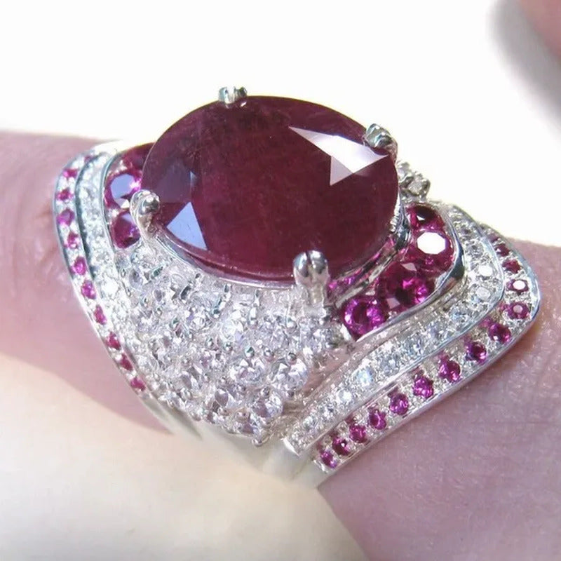 Women Ruby Gemstone 925 Silver Wedding Engagement Ring Jewelry Gifts