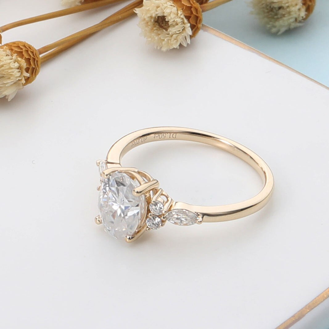 Solid 14K 585 Yellow Gold Ring 6*8Mm 1.5CTW Oval Moissanite Engagement Ring
