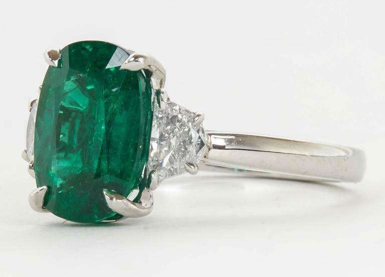 Fine 4.21 Carat GIA Cert Minor Oil Emerald Diamond Platinum Ring
