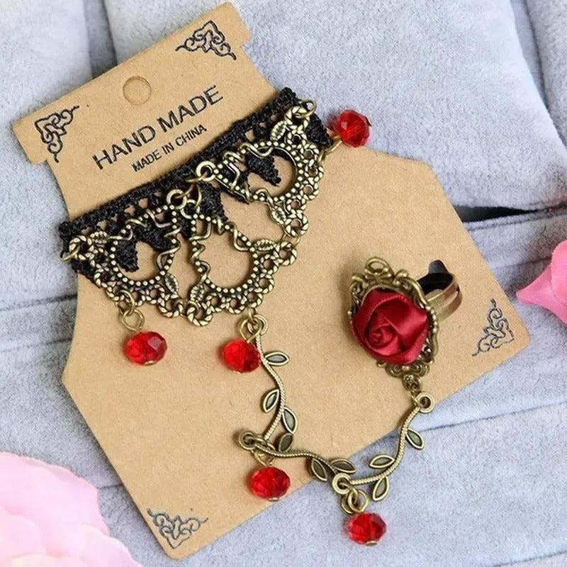 Victorian Style Black Lace Floral Rose Flower Link Chain Slave Bracelet Ring Set