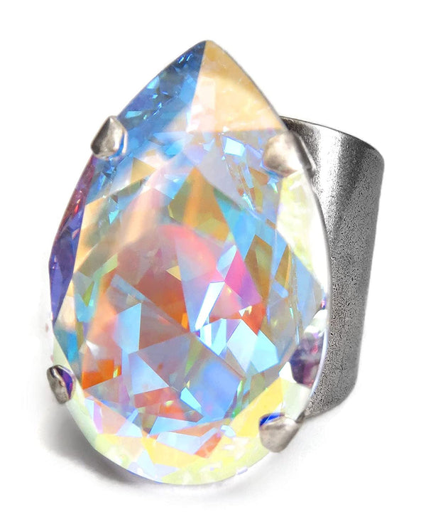 Large Shimmering Teardrop AB Crystal Cocktail Ring, Adjustable Band
