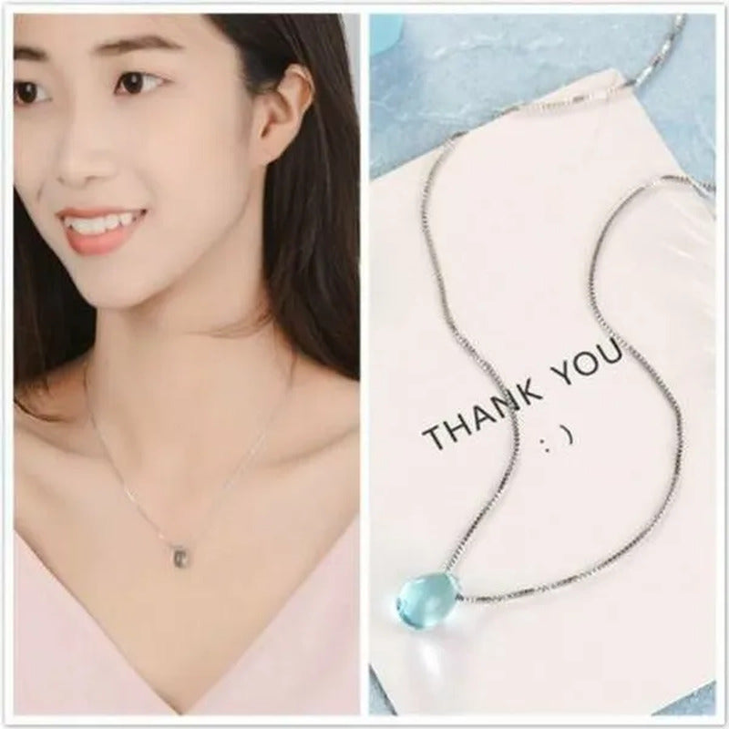 Simple Blue Crystal Teadrop Pendant Clavicle Chain Necklace Womens Jewellery