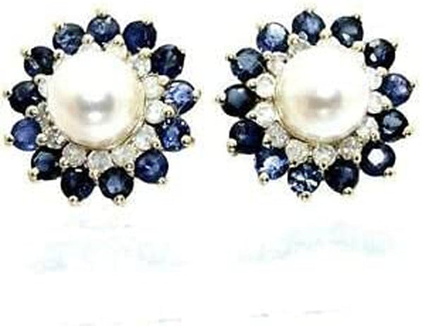 Vintage 14K Yellow Gold Plated 1.36Ct Sapphire Pearl Diamond Floral Stud Earring