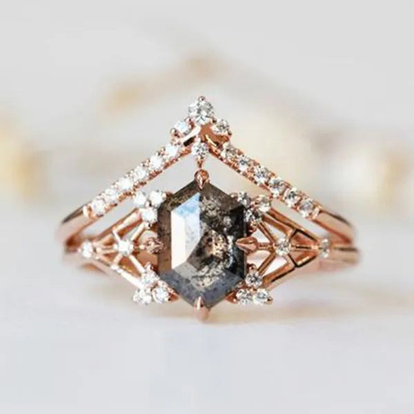 Salt and Pepper Diamond Engagement Ring Hexagon Diamond Engagement Ring Bridal R