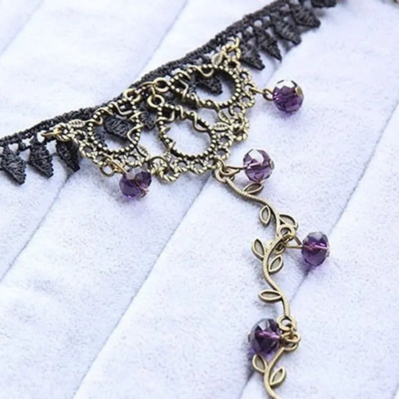 Victorian Style Black Lace Floral Rose Flower Link Chain Slave Bracelet Ring Set