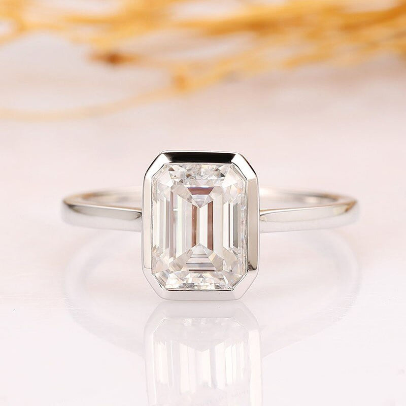 Solid 14K 585 Yellow Emerald Cut 2Ct 6*8MM Moissanite Engagement Ring for Women