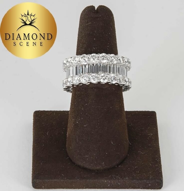 Wide 8 Carats Baguette and Round Diamonds Gold Eternity Band Ring