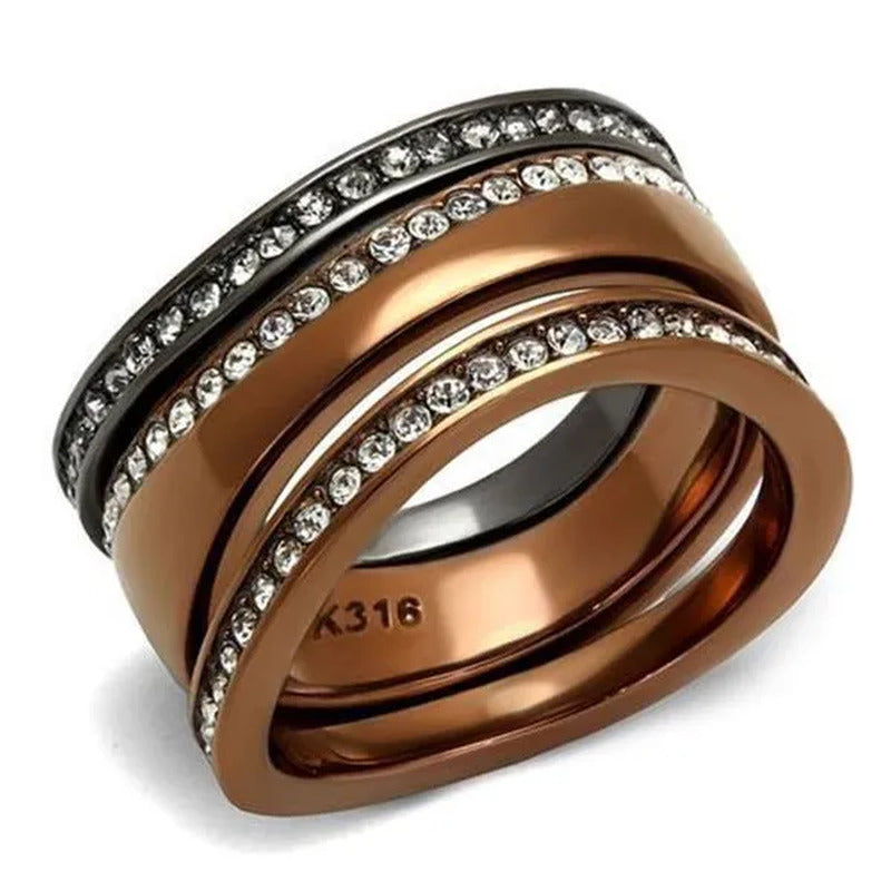 Women IP Light Black & IP Light Coffee Stainless Steel Ring with Top Grade Cryst