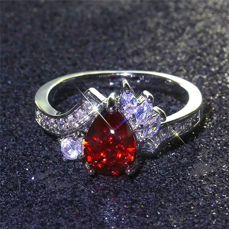 New 925 Sterling Silver Fashion Natural Ruby Angel Teardrop Diamond Ring Engagem