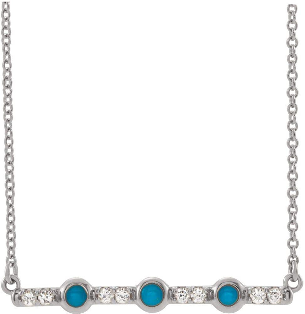 Solid 14K White Gold 3 Three Stone Turquoise and 1/8 Cttw Diamond Bar Charm Pend