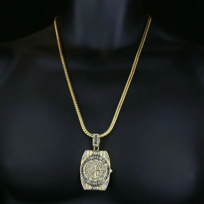 14K Gold PT Watch Fully Diamond Lad Cut Pendant Hip Hop Style 4Mm 24" Franco Cha