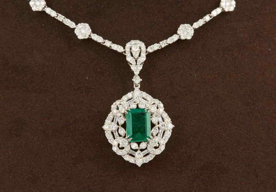 Green Emerald Diamond White Gold Pendant Necklace