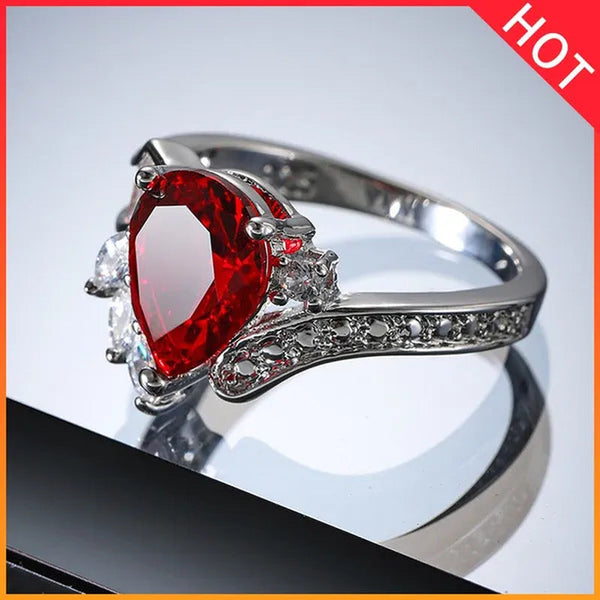 New 925 Sterling Silver Fashion Natural Ruby Angel Teardrop Diamond Ring Engagem