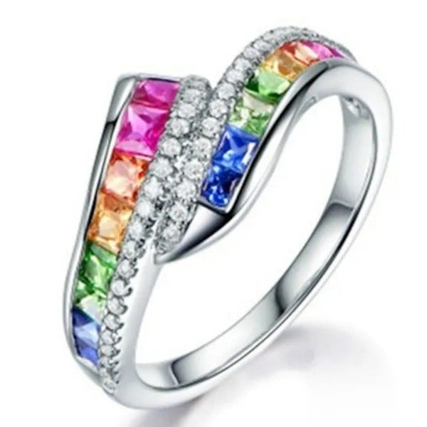 Classic Silver Color Ring Rainbow Square Zircon Diamond Rings for Women Beauty E