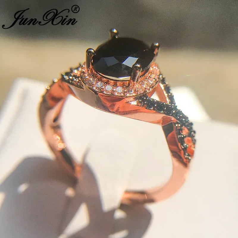Exquisite Rose Gold Plated Large Oval Stone X Ring Women Filled Black Zircon Cry