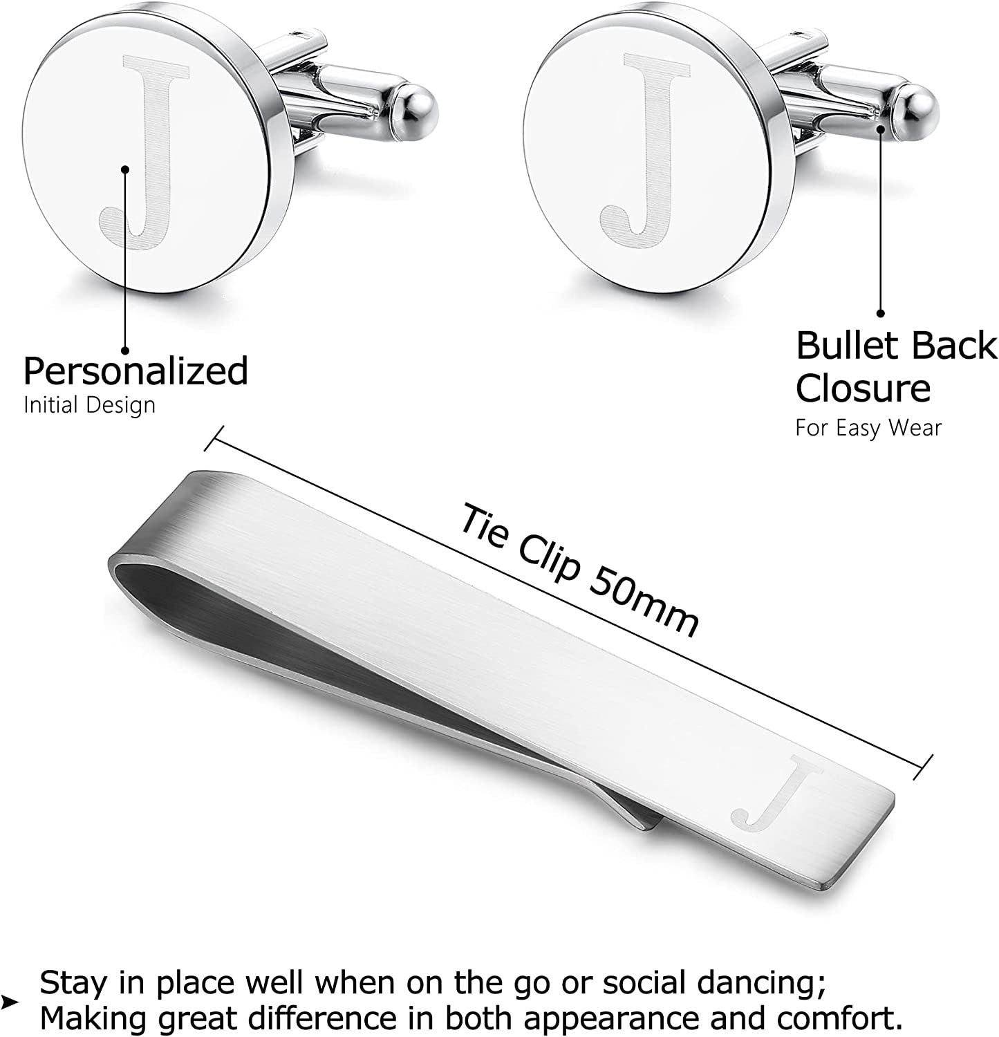 Stainless Steel Engraved Initial Cufflinks and Tie Clip Bar Set Alphabet Letter