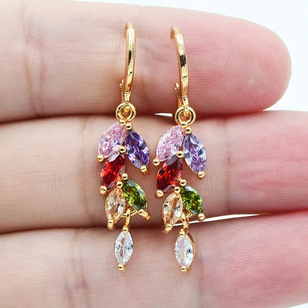 Women Fashion Multicolor Cubic Zirconia CZ Leaf Drop Earrings Jewelry