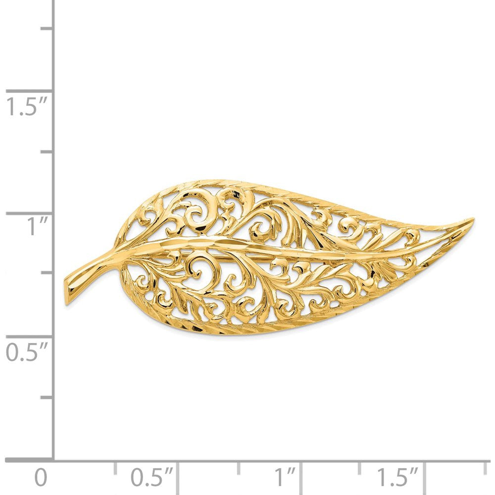 14K Yellow Gold Diamond-Cut Polished Filigree Leaf Pin (43.25 X 15.6) Made in Un