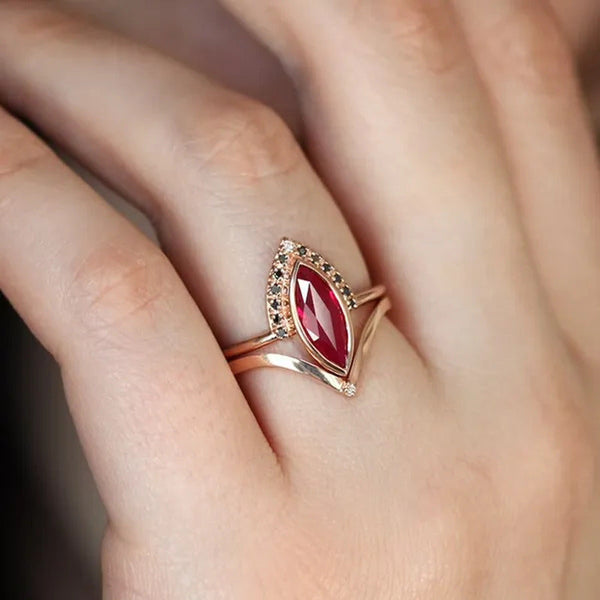 Unique Natural Rhombus 2 in 1 Ruby Engagement Ring Marquise Bridal Wedding Ring