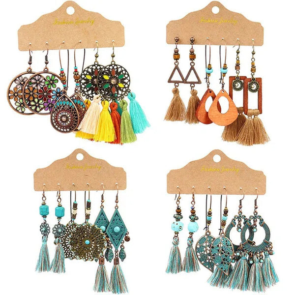 Vintage Big round Multicolor Beaded Earrings Set for Woman Ethnic Boho Tassel Fe
