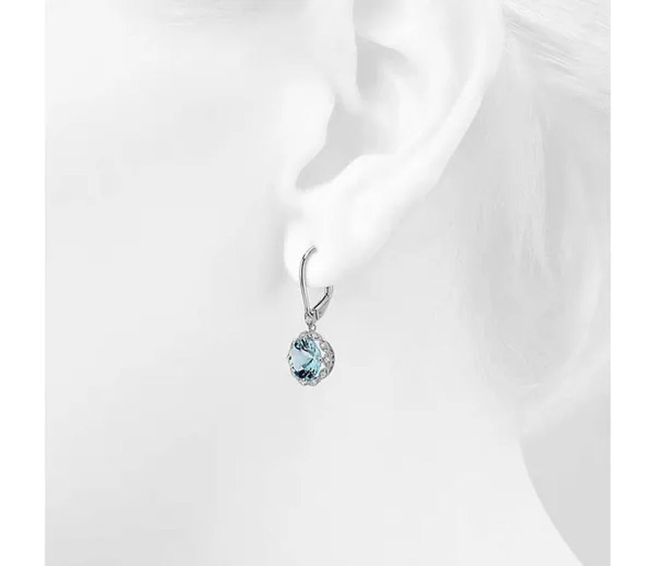 Women Fashion Sterling Silver Earrings Jewelry Natural Gemstone Aquamarine Dangl