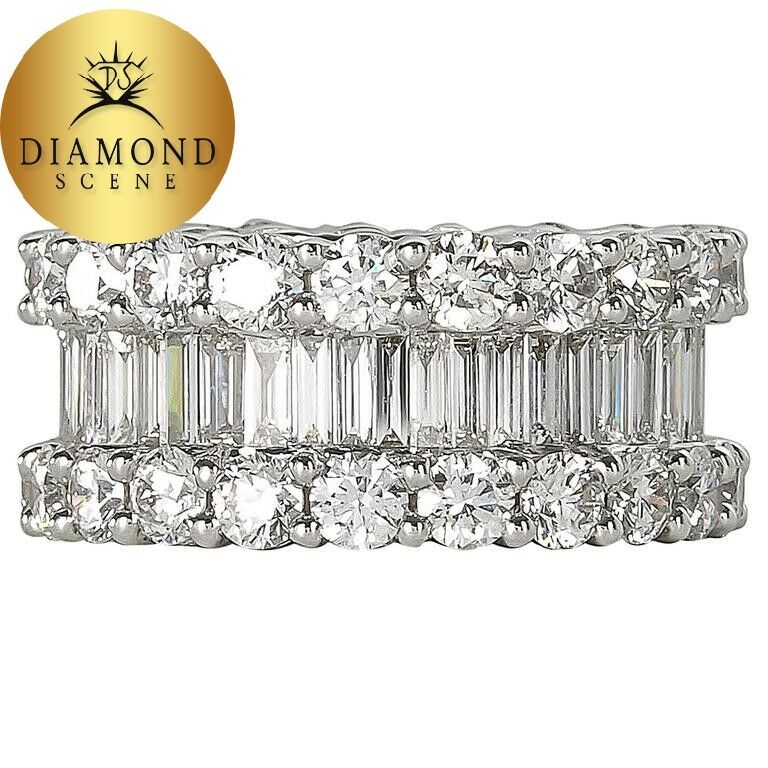 Wide 8 Carats Baguette and Round Diamonds Gold Eternity Band Ring