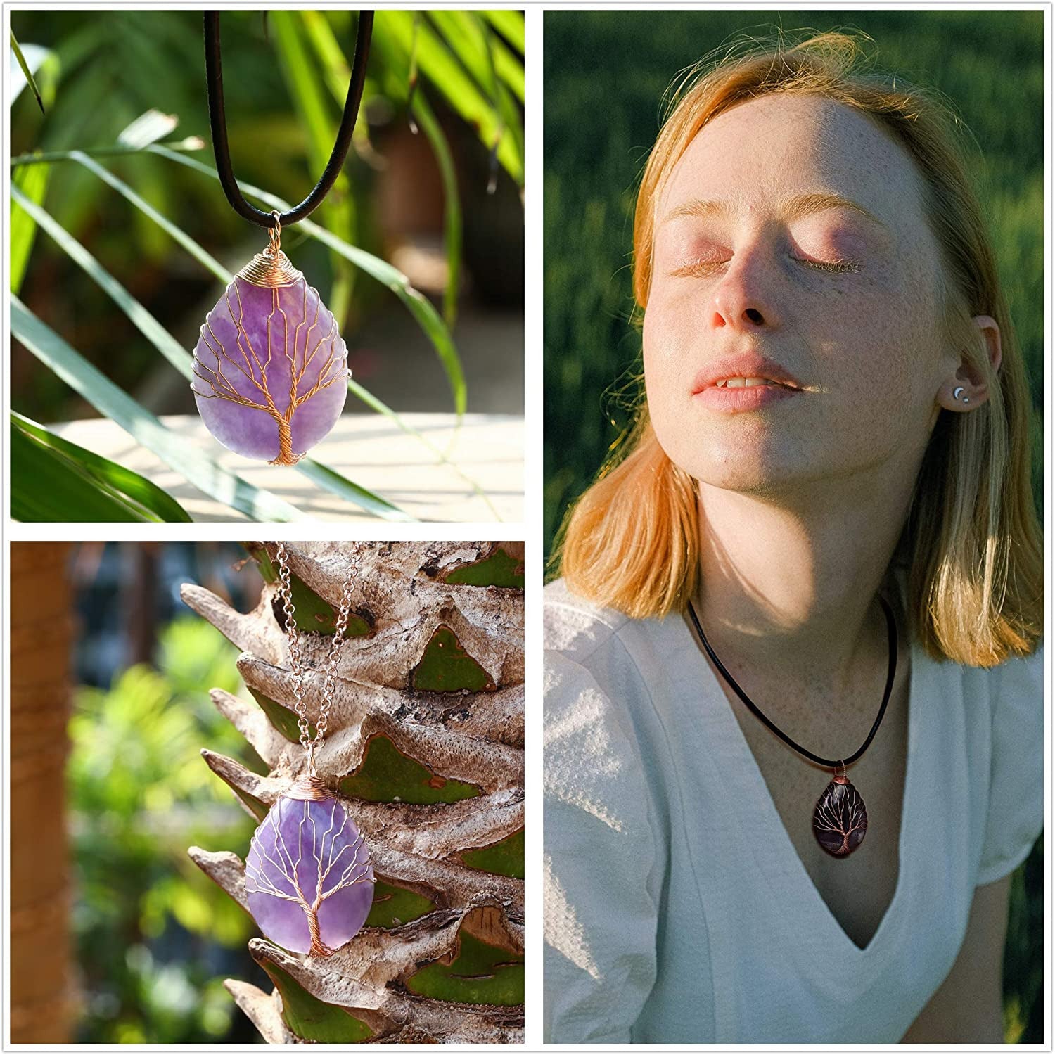 Tree of Life Teardrop Heart Amethyst Opal Pendant Necklace Copper Wire Wrapped G