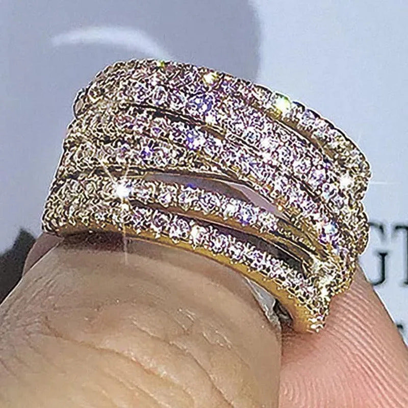 Multi-Layer Design 18K Gold Micro Pave Diamond Bridal Wedding Rings for Women En