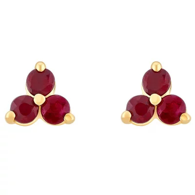 Genuine Ruby Cluster Earrings in 14K Yellow Gold