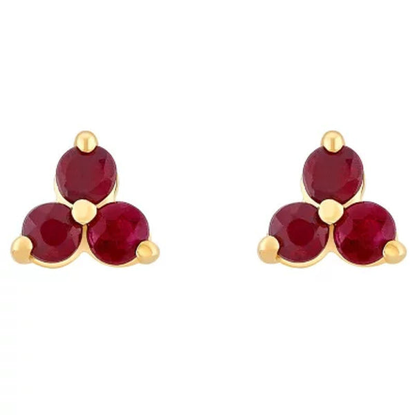 Genuine Ruby Cluster Earrings in 14K Yellow Gold