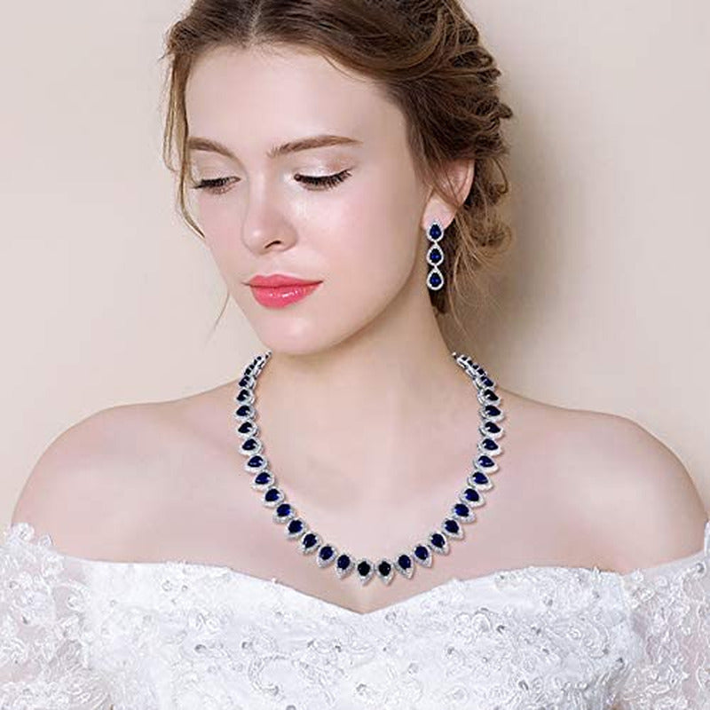 Women'S Silver-Tone Full Prong Cubic Zirconia Teardrop Bridal Necklace Earrings