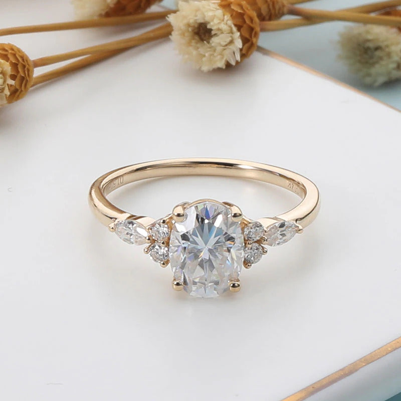 Solid 14K 585 Yellow Gold Ring 6*8Mm 1.5CTW Oval Moissanite Engagement Ring