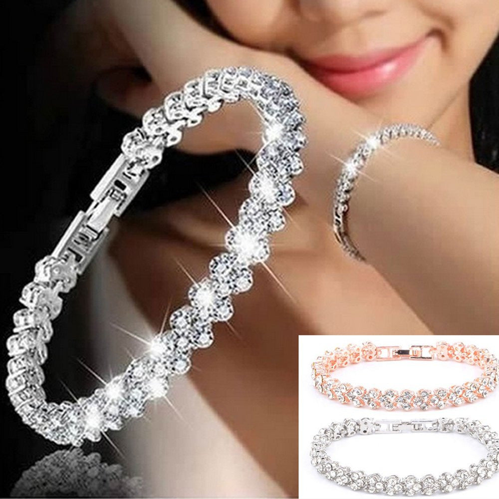 Women Gold Silver Crystal Diamond Cuff Bracelet Bangle Chain Jewelry