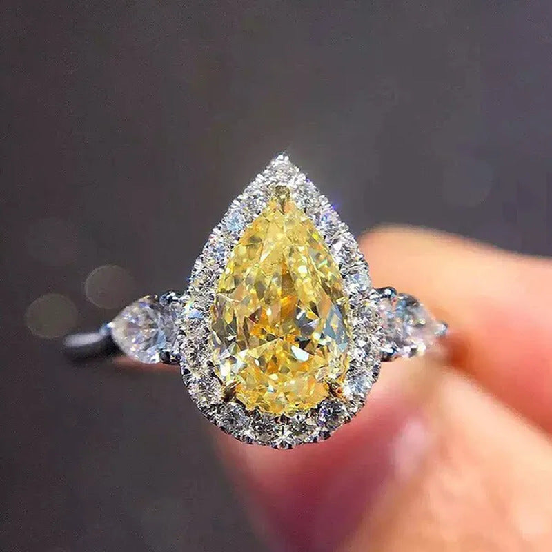 Women Fashion Silver Plated Teardrop Citrine Lab Diamond Wedding Engagement Ring