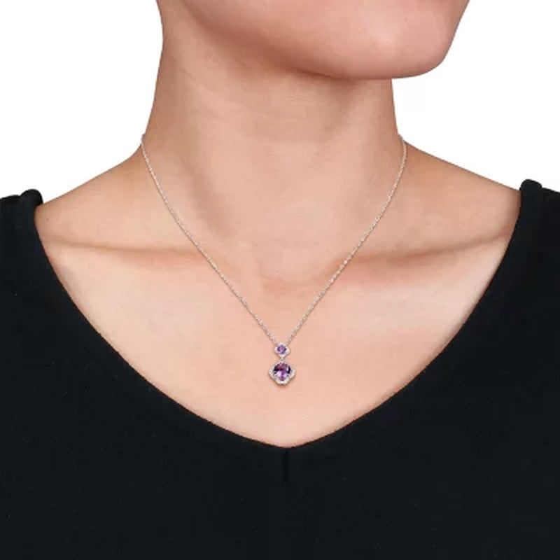 Amethyst and 0.17 CT. T.W. Diamond Halo Quatrefoil Tiered Pendant in 14K White G