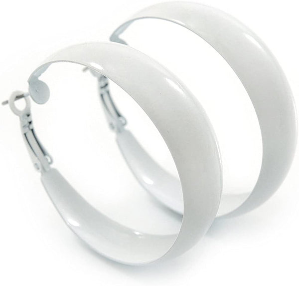 Wide Medium White Enamel Hoop Earrings - 40Mm Diameter