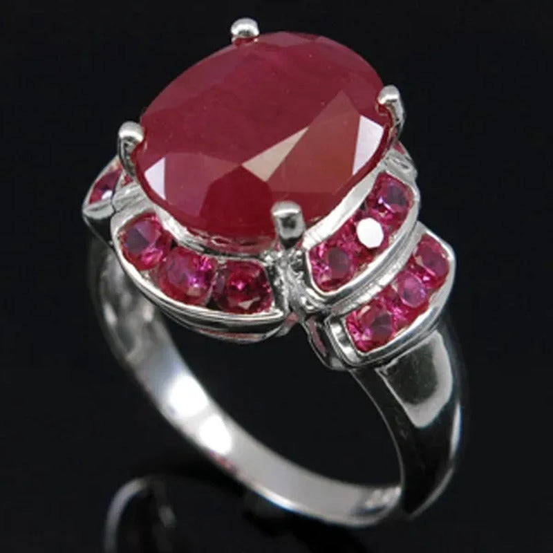 Women Ruby Oval Cut Gemstones 925 Silver Engagement Ring Size 6-10