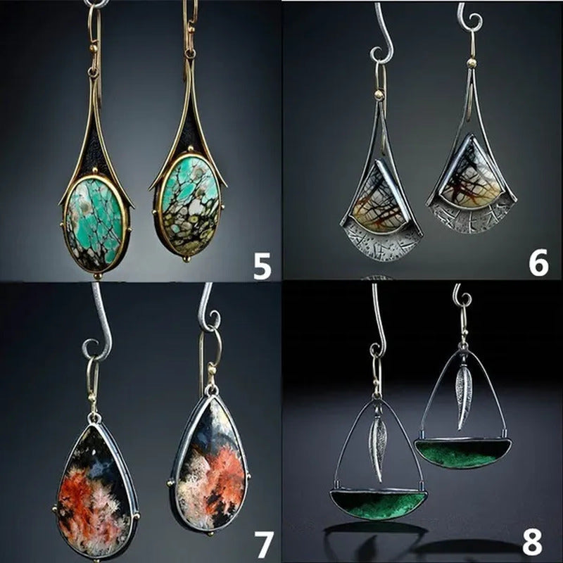 1 Pair Antique 925 Sterling Silver Pendant Earrings Natural Gemstone Inlay Dangl