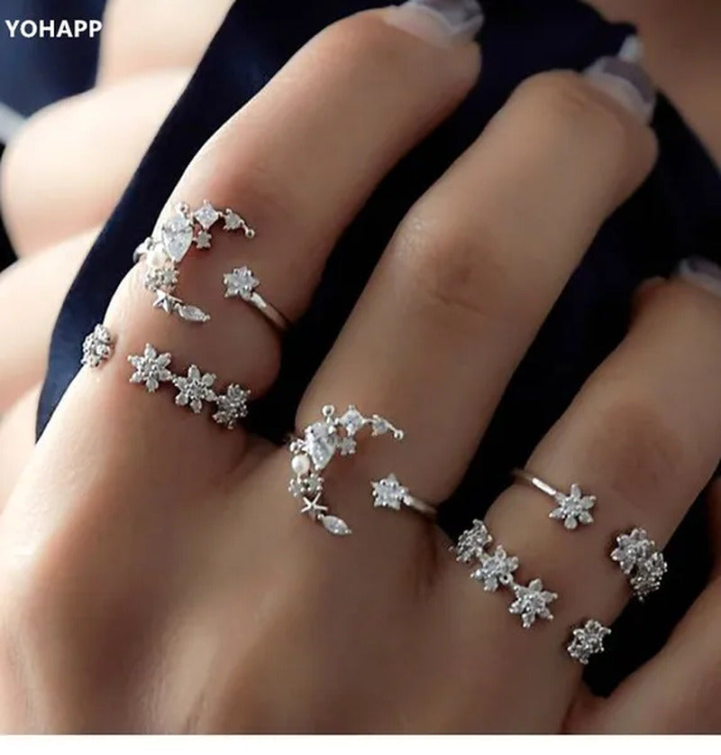 YOHAPP 5Pcs/Set Women Sterling Silver Boho Fashion Moon Diamond Ring Finger Knuc