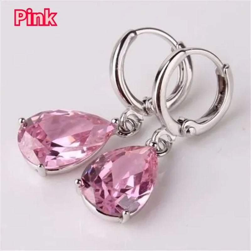 Women Silver Pink Sapphire Diamond Stud Earrings Water Drop Pendant Earrings Bri