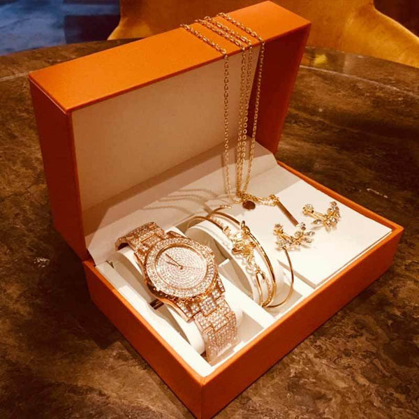 Fashion Creative Diamond Full Diamond round Watch Leaf Bracelet Set Earrings Nec