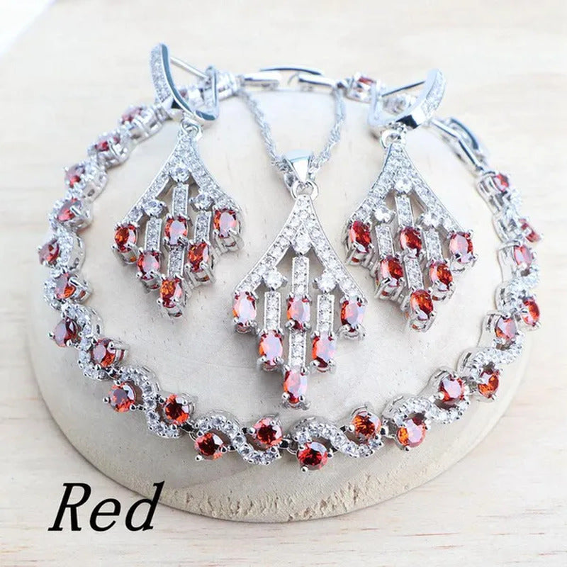 Blue/Red/Green/Purple Zircon 925 Silver Jewelry Set for Women
