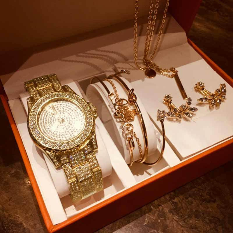 Fashion Creative Diamond Full Diamond round Watch Leaf Bracelet Set Earrings Nec
