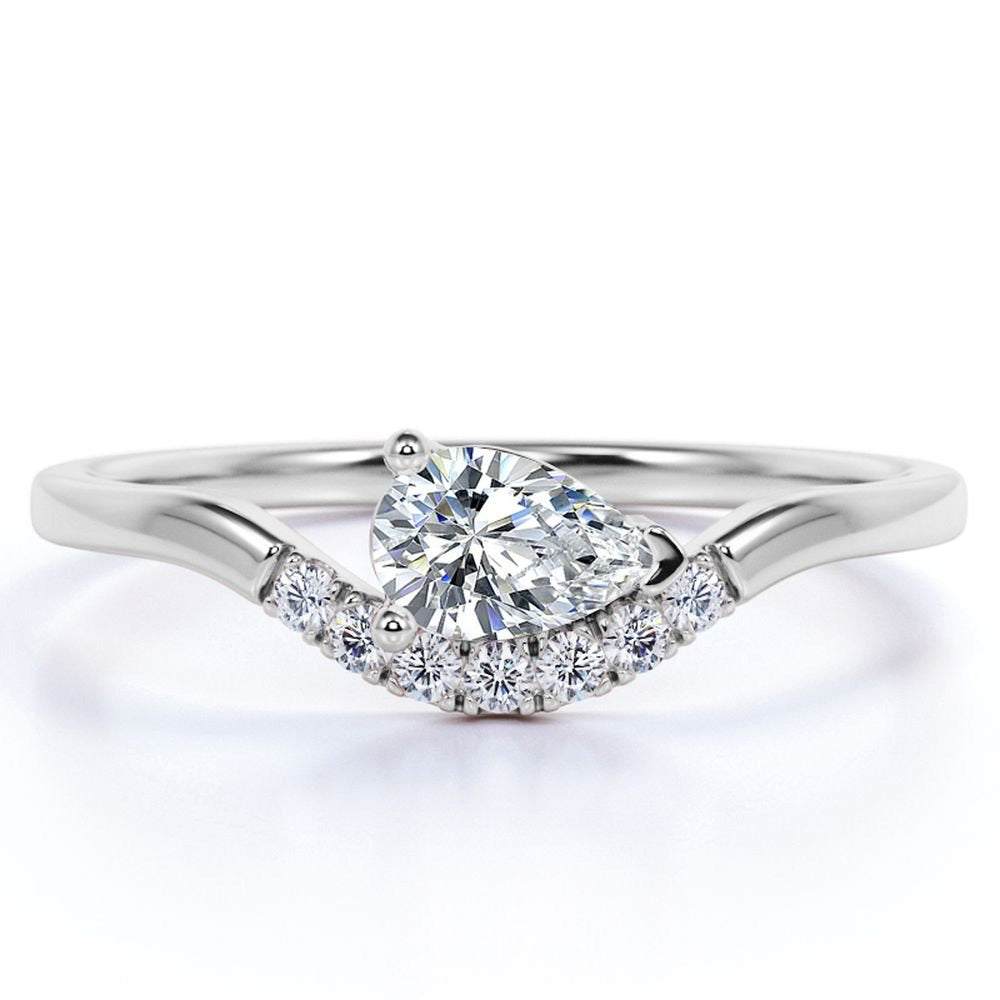 Unique 0.35 Ct Pear Shaped Diamond Pave Engagement Ring in 10K White Gold