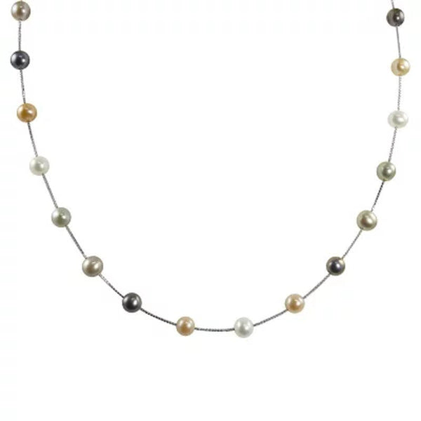 14K White Gold Freshwater Pearl Station Necklace - 17"